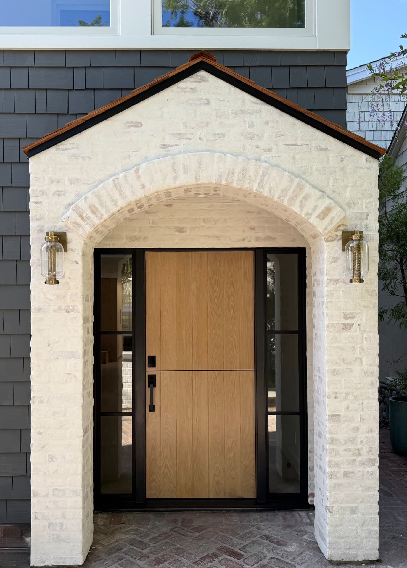 ED-01 — White Oak Dutch Door with Painted Side Lites and Whitewash Stain