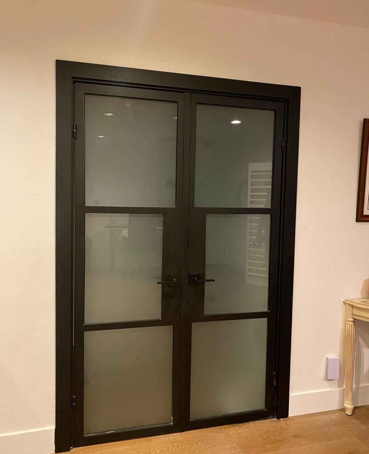 ID-02 — Black Three-Lite Frosted Glass Double Interior Doors